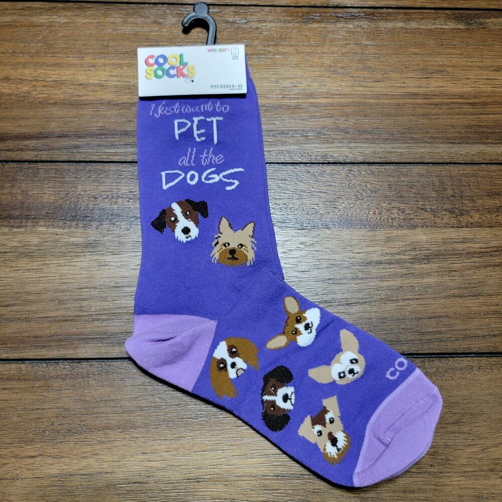 Cool Socks Purple Crew Women's "I Just Want To Pet All The Dogs" - Size 5-10 NWT